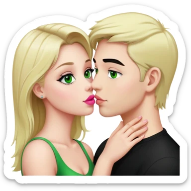 A blonde girl with fair skin and green eyes and pink lips and a guy with fair skin and black hair and green eyes are kissing sticker