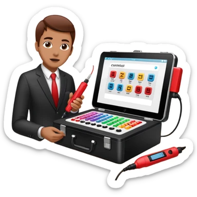 Open professional black testing case on wooden desk. Interior: control panel with colored sockets, USB ports, and power outlet. Inside: a roll of white QR-code calibration stickers. Hand using a red test probe.  sticker