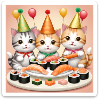 Nine kitties enjoying sushi birthday feast sticker