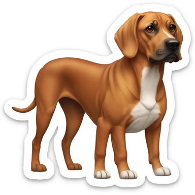 white male with long rainbow colored hair standing alongside a brown rhodesian ridgeback sticker