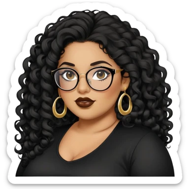 big plus size, latina, darker tan skin, long black curly hair, baddie,pretty, makeup, lipgloss, black eyeliner, long hair, small gold earrings, black top, black glasses sticker