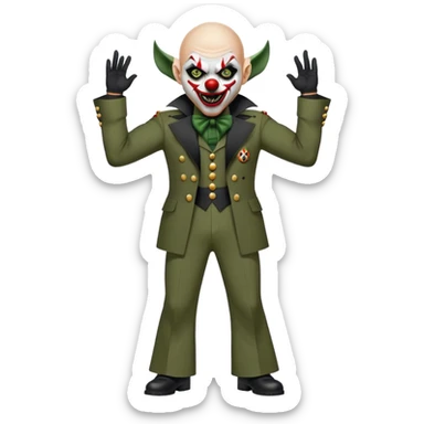 evil clown, bald, small black satan horns on forehead, fangs, pointed ears, black and military green leisure suit with bellbottom pants, realistically proportioned, less bulky, full body, battle-ready fighting posture sticker