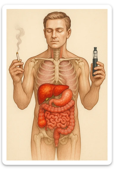 FANNE 10 CON LO STESSO IDENTICO STILE DEL CORPO UMANO CHE HO ALLEGATO , MA USANDO QUESTO COMANDO: A MEDICAL ILLUSTRATION OF A REALISTIC human body WITH INFLAMMED LIVER AND INTESTINE IN EVIDENCE, HOLDS A LIGHTED NORMAL CIGARETTE IN HIS RIGHT HAND, AN ELECTRONIC CIGARETTE IN HIS LEFT HAND sticker
