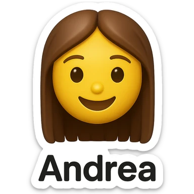 3D smiley emoji, girl style, long hair, smiling face, with the name 'Andrea' below in printed letters sticker
