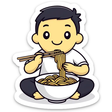 super programmer eating noodles while coding, cartoonish sticker style sticker