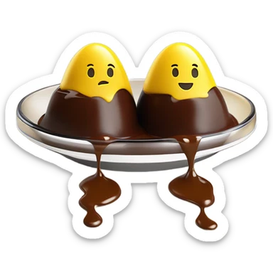 1 Chocolate quenelle and 1 vanilla quenelle on ornated glass plate with 3 small drops of yellow sauce sticker