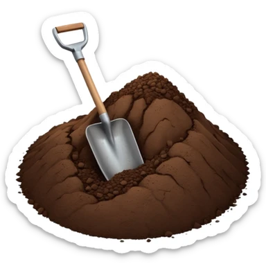 A 3D cartoon pile of dark brown soil with a small shovel inserted, rough texture, natural lighting, soft shadow, realistic Memoji-style rendering. sticker