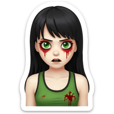 Zombie emoji with long hair black and bangs, with green skin, big red eyes, small nose, and a simple black tank top.  sticker