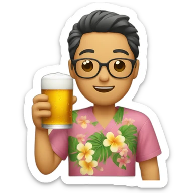 Japanese wearing roundglasses alohashirt is holding beer sticker