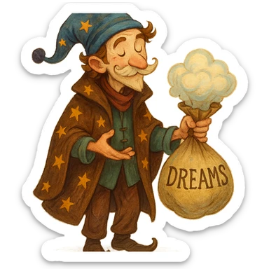 a dream seller character, whimsical and imaginative, holding a bag of dreams, no background, illustration style sticker