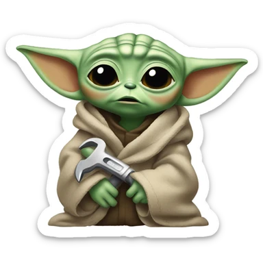 Baby Yoda  with a wrench and tired expression. tired from long repair, wipes the sweat off his face. sticker