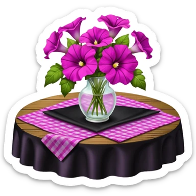 A lush bouquet of bright light margenta color petunia black satin ribbon, resting on an antique wooden table, with a pale yellow and pink plaid pattern table cloth sticker