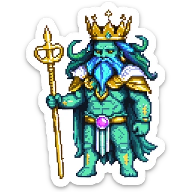 Neptune god of the sea wielding golden trident, blue-green skin, wearing crown sticker