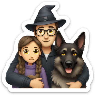 a man with brown hair and cozy hat, with grey eyes and black glasses hugging grey german shepherd dog witch has yellow eyes sticker