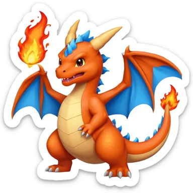 cute minimalistic charizard pokemon throwhing flames 2 horns, blue wings only on the inside part sticker