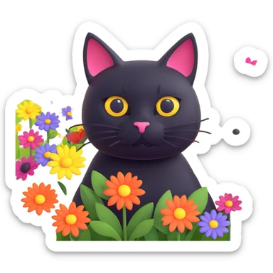 A black cat with a flower on its head in a field of flowers, pastel colors sticker
