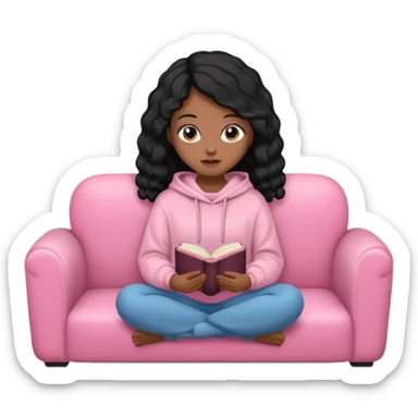 Una chica linda de cabello negro con ondas hasta los hombros de piel blanca con una sudadera rosa en un sofá cómodo y hermoso leyendo la biblia sticker