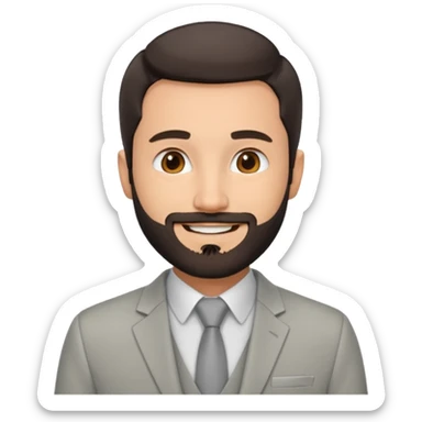 smiling man with short dark hair and beard, wearing a light gray suit jacket sticker