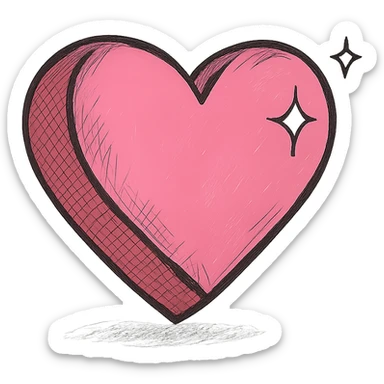 Add a realistic drop shadow to the 3D large pink heart with sparkles and gold outline, keeping the hand drawn black outline style, on a white clean background. sticker
