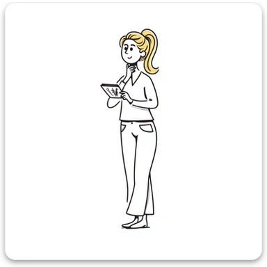 blonde female physical therapist with ponytail, thoughtful expression, wearing scrubs sticker