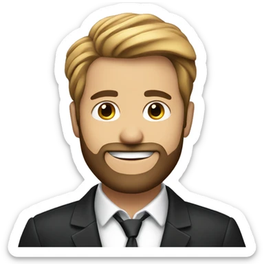 Smiling businessman with a beard, black jacket, hand on chin, confident and friendly. sticker