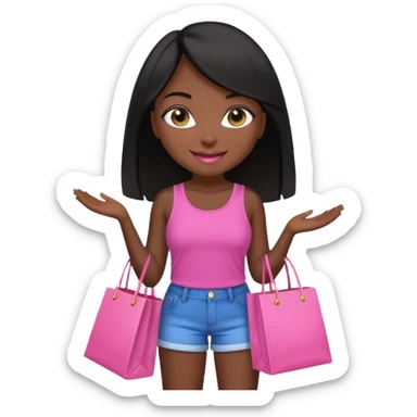 Uma menina morena cabelo liso preto olhos puxados fazendo compra com sacolas rosas  com top e short  sticker