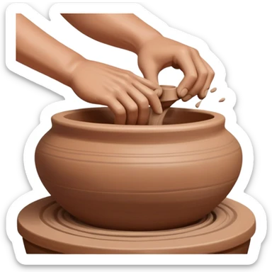 Hands making pottery, one hand inside clay vessel, one hand outside, pinching and lifting clay on a spinning pottery wheel sticker