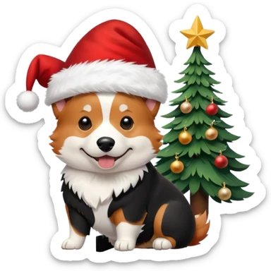 tricolor (black and red head) corgi with santa hat on and christmas tree near sticker