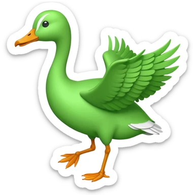 Emoji of a running goose with a very long neck and two legs. Use 🪿 shape but color it bright green (#39C700). The wings must be pressed tightly against the body, fully folded with no gap or spread. Do NOT show wings flapping or extended sticker