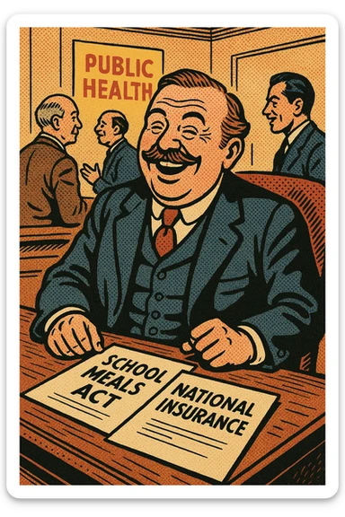 A happy Victorian politician from the early 1900s sitting at his desk.  On his desk are documents.  One document reads 'School Meals Act' and another document reads 'National Insurance'.  In the background of his office are other politicians with a poster on the wall reading 'Public Health' sticker