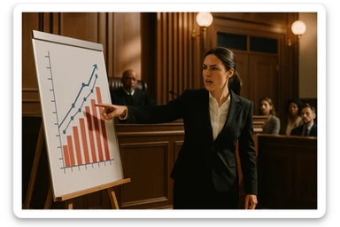 lawyer woman, giving a presentation, pointing at a chart, courtroom setting, assertive sticker