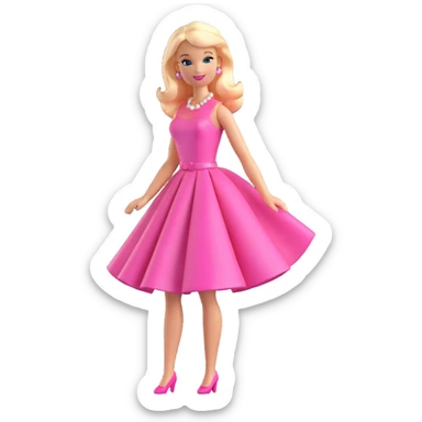 Barbie, classic doll with blonde hair, pink dress, cheerful expression, in a playful pose, 3D style, shiny and smooth look sticker