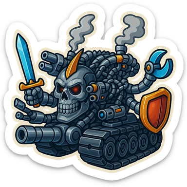 Edit the skull robot tank to have 4 distinct arms, each hand holding a different weapon such as a sword, blaster, claw, and shield. All metal parts should be shiny greyscale, with some non-metal elements having vibrant color accents. The style is retro stickers with a clean outline. The proportions should be compact and not tall, with a transparent background. sticker