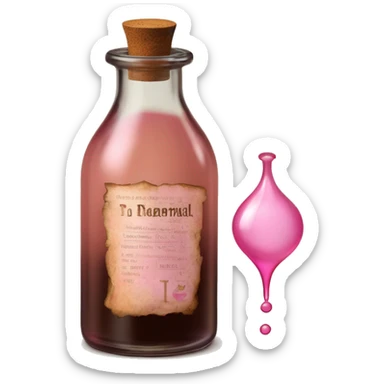 Mysterious Alchemical vintage glass potion bottle, exquisite bottle shape, old and shabby, with label, stylish and minimalistic, brown and pink, oil potion is poured out of the bottle, oil is spilled next to it sticker
