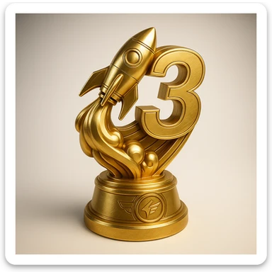gold trophy with a rocket blasting off and the number 3, dynamic and game-inspired, vibrant and energetic style sticker