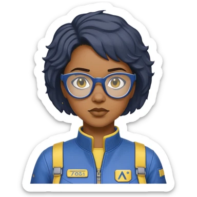 stern Black woman with short textured hair, glasses, wearing blue Fallout Vault jumpsuit with yellow trim and number on back, minimalist sticker