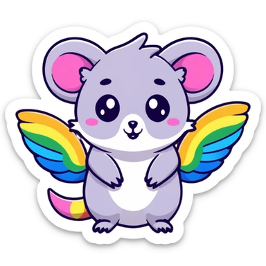 colorful possum with rainbow wings, sparkly halo, lots of glitter sticker