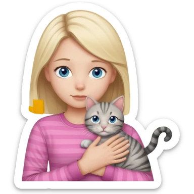 Blonde girl with blue eyes in pink shirt cuddling with grey tabby cat with dark grey stripes sticker