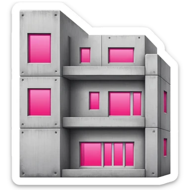 Gray concrete brutalist architecture with a single bright pink window and multiple regular windows sticker