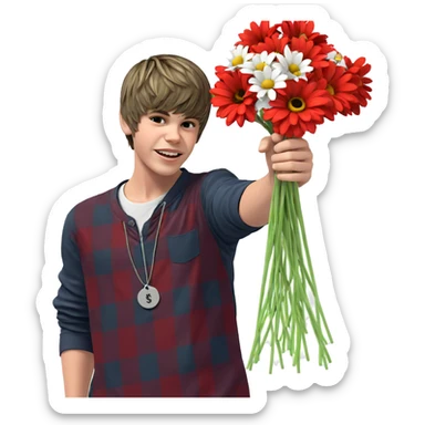 boy with flowers and tags sticker