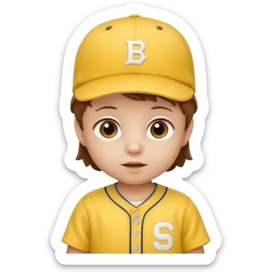 brown hair baby with yellow baseball ersey and hat sticker
