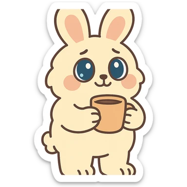 full-body fluffy cream bunny with big teardrop eyes holding a coffee mug with both hands, cozy expression, standing pose, pastel soft tones, pastel-toon style sticker