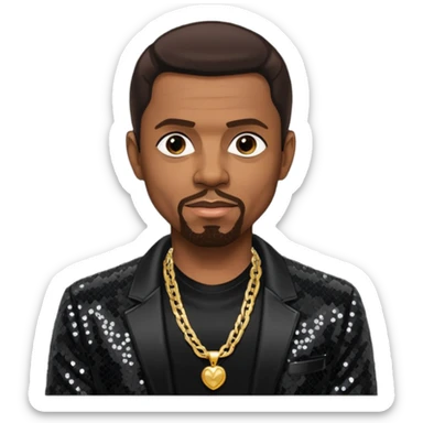 Keith Sweat (b.1961) with dark brown hair, black sequin jacket, black shirt with necklace sticker