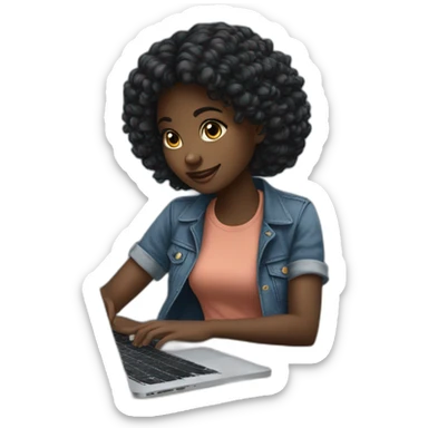 a young african girl with black wavey hair using her macbook to code on her table and where a denim top sticker