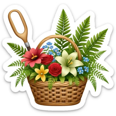 Icon for Floristry: a bouquet of flowers in a woven basket, with reeds, ferns and floral arranging tools nearby, like scissors and a flower stem. The icon should represent creativity in flower design and arranging. Transparent background. sticker