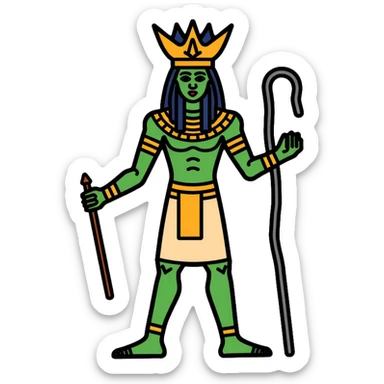 Egyptian god Osiris with green skin, Atef crown, mummified body, holding crook and flail sticker