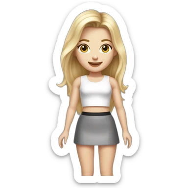 realistic caucasian long blonde hair dark brown eyes woman white crop top gray mini skirt black high heels full body sticker