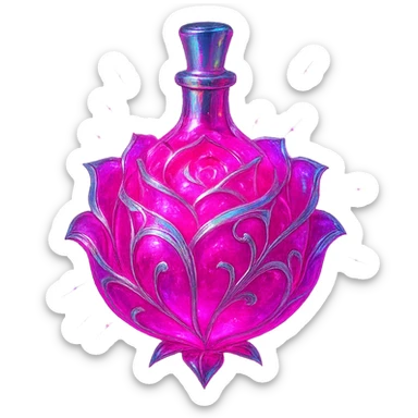 modernus prabangus eliksyro buteliukas, rožės forma, ryški rožinė spalva, holografiniai ir sidabriniai ornamentai, maksimaliai stiprūs magiški švytėjimai ir efektai, labai mažas kaklelis, skaidrus fonas, vientisas dugnas, be šešėlio, plūduriuoja ore, kolekcijos stilius sticker