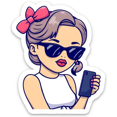 Girl with huge lips, sunglasses, bow on her hair, holding a phone with attitude sticker