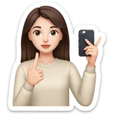 Brunette girl making peace sign while taking selfie sticker